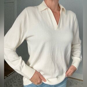 NWT J. Crew cotton ivory v-neck long sleeve collared polo sweater size Large